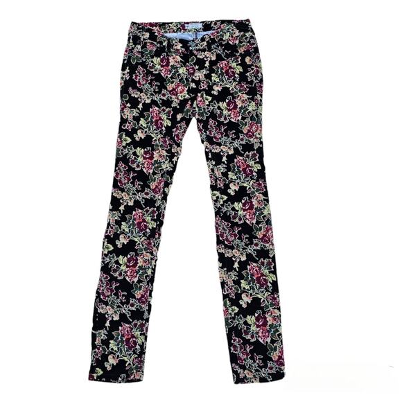 Black Floral Pants Free People Size 26 Stretch Crop Skinny Corduroy Rose Flower - Picture 2 of 9